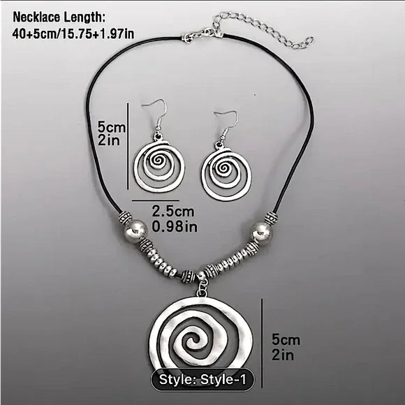 Boho Geometric Spiral Necklace Earrings Set - Picture 3 of 5